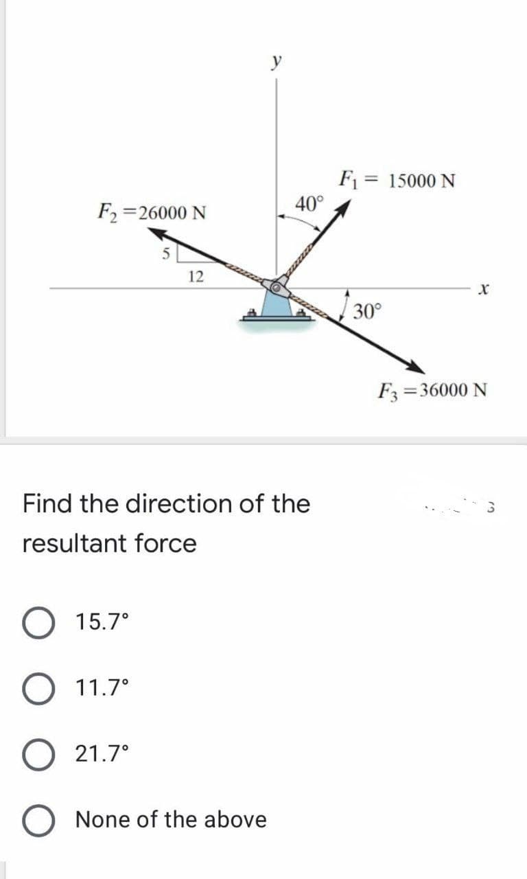 y
F1 = 15000 N
40°
F2 =26000 N
12
30°
F3 =36000 N
%3D
Find the direction of the
resultant force
15.7°
11.7°
O 21.7°
None of the above
