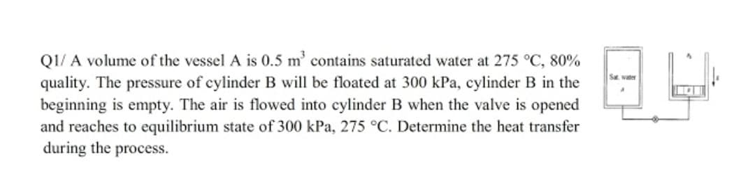 Q1/ A volume of the vessel A is 0.5 m' contains saturated water at 275 °C, 80%
Sat water
quality. The pressure of cylinder B will be floated at 300 kPa, cylinder B in the
beginning is empty. The air is flowed into cylinder B when the valve is opened
and reaches to equilibrium state of 300 kPa, 275 °C. Determine the heat transfer
during the process.
