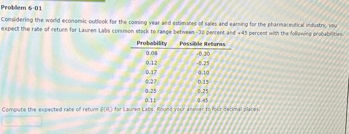 Problem 6-01
Considering the world economic outlook for the coming year and estimates of sales and earning for the pharmaceutical industry, you
expect the rate of return for Lauren Labs common stock to range between -30 percent and +45 percent with the following probabilities.
Possible Returns
Probability
0.08
0.12
0.17
0.27
0.25
0.11
Compute the expected rate of return E(R) for Lauren Labs. Round your answer to four decimal places.
-0.30
-0.25
0.10
0.15
0.25
0.45