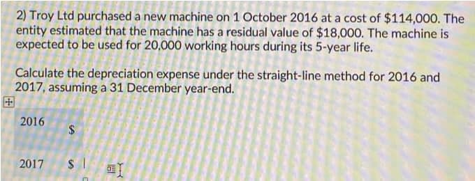 2) Troy Ltd purchased a new machine on 1 October 2016 at a cost of $114,000. The
entity estimated that the machine has a residual value of $18,000. The machine is
expected to be used for 20,000 working hours during its 5-year life.
Calculate the depreciation expense under the straight-line method for 2016 and
2017, assuming a 31 December year-end.
2016
2017
%24
%24
