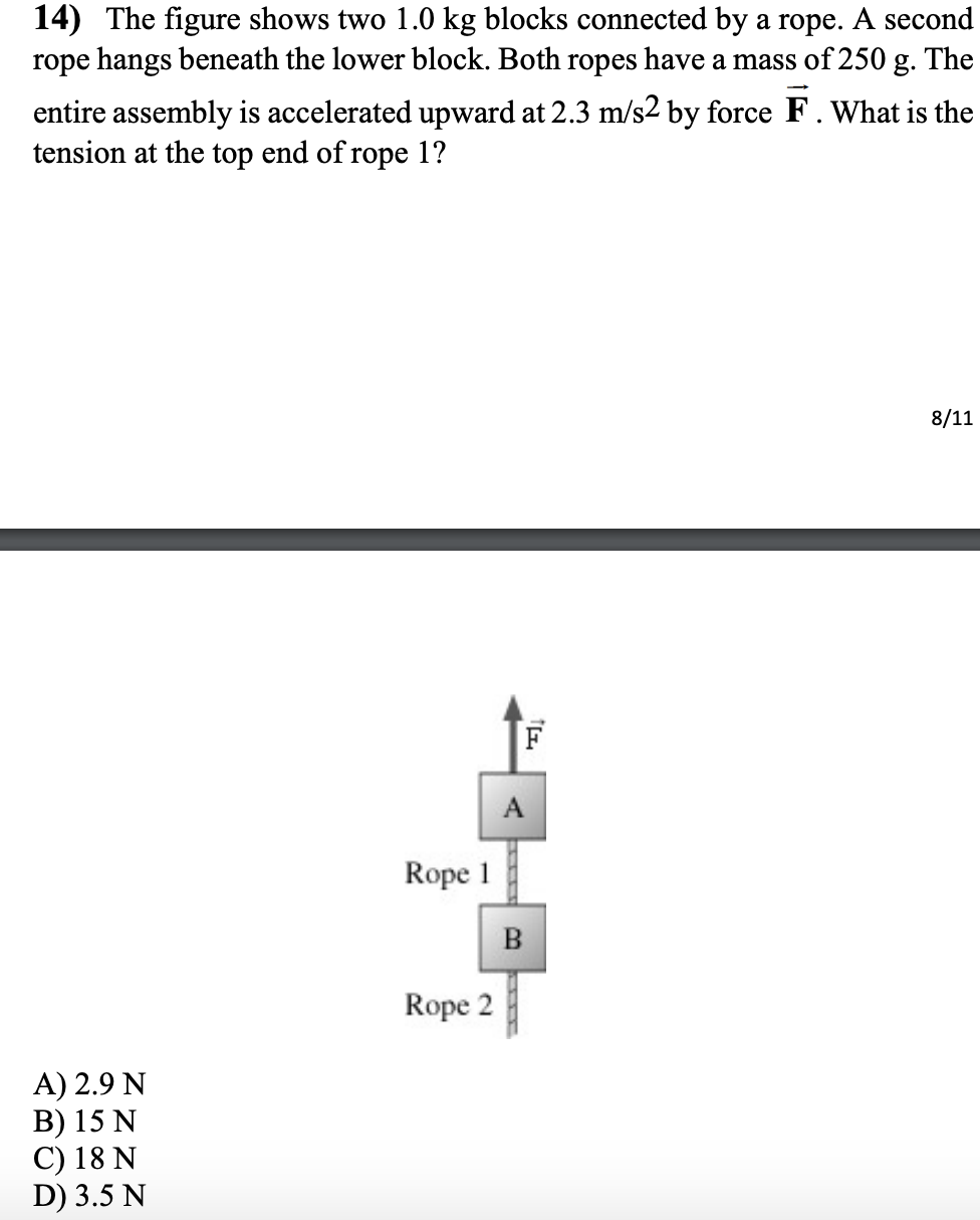 14) The figure shows two 1.0 kg blocks connected by a rope. A second
rope hangs beneath the lower block. Both ropes have a mass of 250 g. The
entire assembly is accelerated upward at 2.3 m/s2 by force F. What is the
tension at the top end of rope 1?
8/11
F
Rope
Rope 2
A) 2.9 N
B) 15 N
C) 18 N
D) 3.5 N

