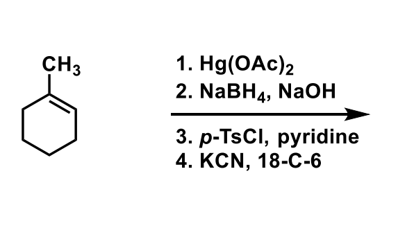 CHз
1. Hg(OAc)2
2. NaBH4, NaОН
3. p-TsCl, pyridine
4. KCN, 18-C-6
