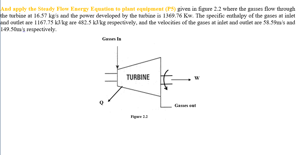 And apply the Steady Flow Energy Equation to plant equipment (P5) given in figure 2.2 where the gasses flow through
the turbine at 16.57 kg/s and the power developed by the turbine is 1369.76 Kw. The specific enthalpy of the gases at inlet
and outlet are 1167.75 kJ/kg are 482.5 kJ/kg respectively, and the velocities of the gases at inlet and outlet are 58.59m/s and
149.50m/ş respectively.
Gasses In
TURBINE
W
Gasses out
Figure 2.2
