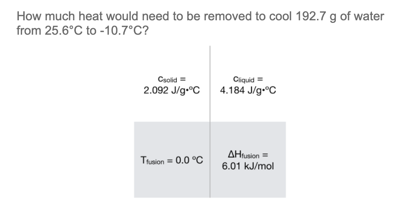 How much heat would need to be removed to cool 192.7 g of water
from 25.6°C to -10.7°C?
Csolid =
Cliquid =
2.092 J/g•°C
4.184 J/g•°C

