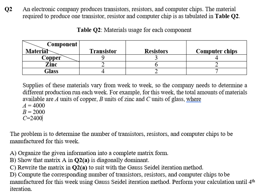 An electronic company produces transistors, resistors, and computer chips. The material
required to produce one transistor, resistor and computer chip is as tabulated in Table Q2.
Q2
Table Q2: Materials usage for each component
Component
Material
Сорper
Zinc
Transistor
Resistors
Computer chips
9
3
4
Glass
4
7
Supplies of these materials vary from week to week, so the company needs to determine a
different production run each week. For example, for this week, the total amounts of materials
available are A units of copper, B units of zinc and C units of glass, where
A = 4000
B= 2000
C=2400|
The problem is to determine the number of transistors, resistors, and computer chips to be
manufactured for this week.
A) Organize the given information into a complete matrix form.
B) Show that matrix A in Q2(a) is diagonally dominant.
C) Rewrite the matrix in Q2(a) to suit with the Gauss Seidel iteration method.
D) Compute the corresponding number of transistors, resistors, and computer chips to be
manufactured for this week using Gauss Seidel iteration method. Perform your calculation until 4th
iteration.
