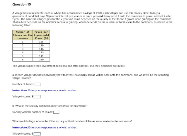 Question 10
A village has six residents, each of whom has accumulated savings of $100. Each villager can use this money either to buy a
government bond that pays 18 percent interest per year or to buy a year-old lama, send it onto the commons to graze, and sell it after
i year. The price the villager gets for the 2-year-old lama depends on the quality of the fleece it grows while grazing on the commons.
That in turn depends on the animal's access to grazing, which depends on the number of llamas sent to the commons, as shown in the
following table:
Price per
1lamas on the 2-year-old
1lama ($)
Number of
commons
125
119
116
113
4
111
6
109
The villagers make their investment decisions one after another, and their decisions are public.
a. lf each villager decides individually how to invest, how many llamas wil be sent onto the commons, and what will be the resulting
village income?
Number of lamas:
Instructions: Enter your response as a whole number.
Village income: S[
b. What is the socially optimal number of llamas for this village?
Socially optimal number of llamas:
What would village income be if the socially optimai number of llamas were sent onto the commons?
Instructions: Enter your response as a whole number.
Village income: S
