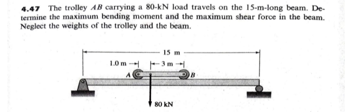 4.47 The trolley AB carrying a 80-kN load travels on the 15-m-long beam. De-
termine the maximum bending moment and the maximum shear force in the beam.
Neglect the weights of the trolley and the beam.
15 m
1.0 m - -3 m -→
80 kN
