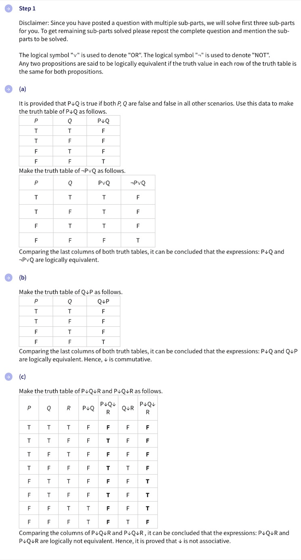 Step 1
Disclaimer: Since you have posted a question with multiple sub-parts, we will solve first three sub-parts
for you. To get remaining sub-parts solved please repost the complete question and mention the sub-
parts to be solved.
The logical symbol "v" is used to denote "OR". The logical symbol "-" is used to denote "NOT".
Any two propositions are said to be logically equivalent if the truth value in each row of the truth table is
the same for both propositions.
(a)
It is provided that P↓Q is true if both P, Q are false and false in all other scenarios. Use this data to make
the truth table of P↓Q as follows.
P
Q
T
T
T
F
F
T
F
F
F
T
Make the truth table of ¬PvQ as follows.
P
Q
PVQ
T
P
T
T
T
T
F
T
F
T
וד
F
F
F
F
F
T
Comparing the last columns of both truth tables, it can be concluded that the expressions: P+Q and
PvQ are logically equivalent.
Q
(b)
Make the truth table of QvP as follows.
P
Q
T
T
T
F
F
F
Comparing the last columns of both truth tables, it can be concluded that the expressions: P Q and QvP
are logically equivalent. Hence, is commutative.
T
T
F
T
FL
F
T
T
T
F
(c)
Make the truth table of P Q R and P Q R as follows.
P↓↓
R
T
F
R
T
F
T
F
T
F
T
P+Q
F
F
F
LL
P↓Q
F
F
F
F
T
F
T
T
Q+P
F
F
F
T
F
T
F
T
-PVQ
F
T
F
Q&R
F
F
F
T
F
F
F
F
F
F
P↓Q
R
F
F
F
F
T
T
T
F
F
F
T
F
T
F
Comparing the columns of P Q R and P Q R, it can be concluded that the expressions: P+Q+R and
P Q R are logically not equivalent. Hence, it is proved that is not associative.