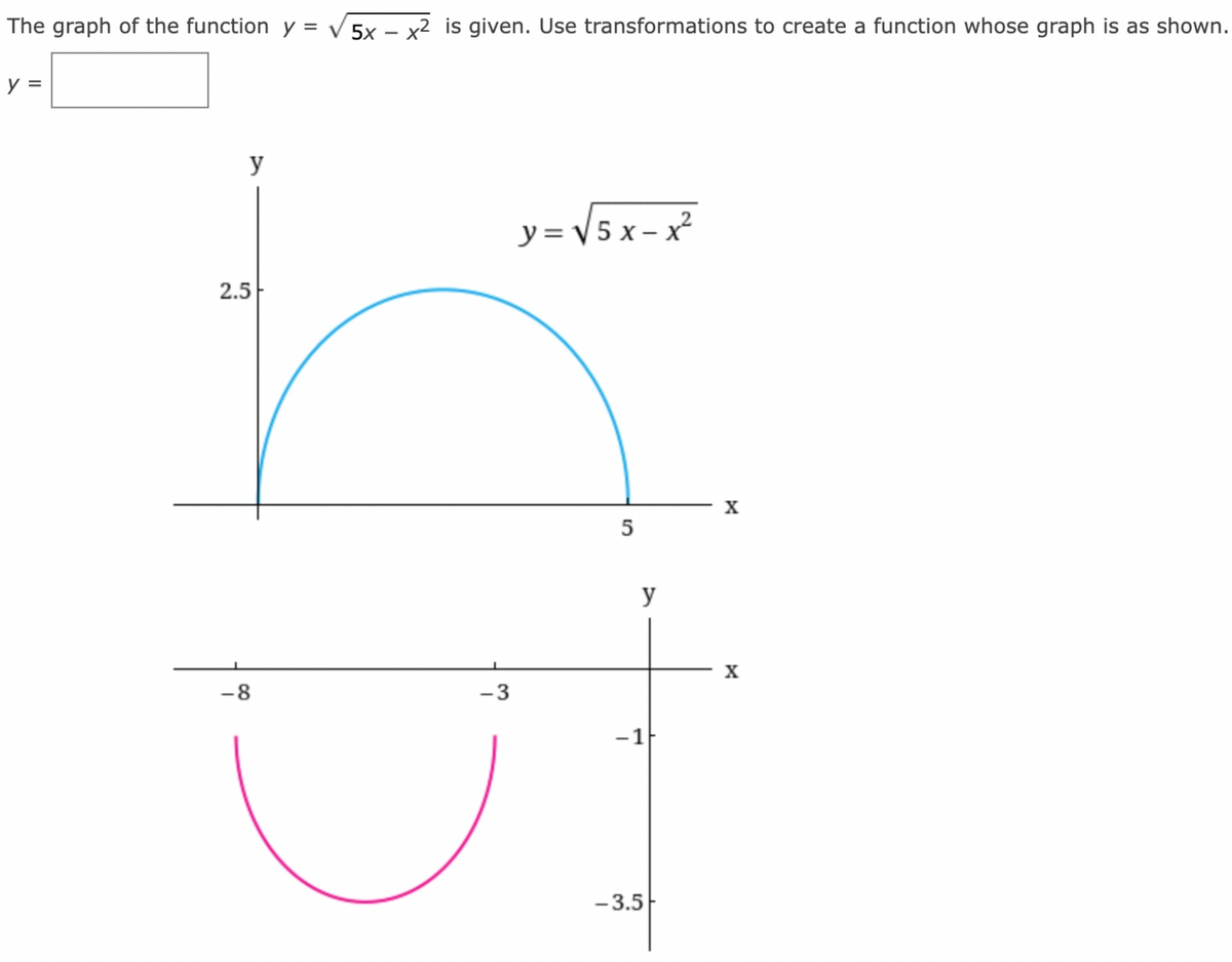The graph of the function y = √5x - x² is given. Use transformations to create a function whose graph is as shown.
y =
y
y = √5x-x²
2.5
f
X
5
y
X
-8
-3
-1
-3.5