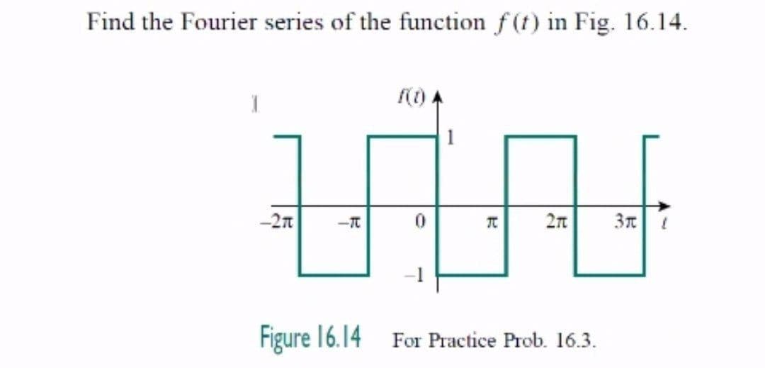 Find the Fourier series of the function f (t) in Fig. 16.14.
-2n
2n
3n
TC
Figure 16.14
For Practice Prob. 16.3.
