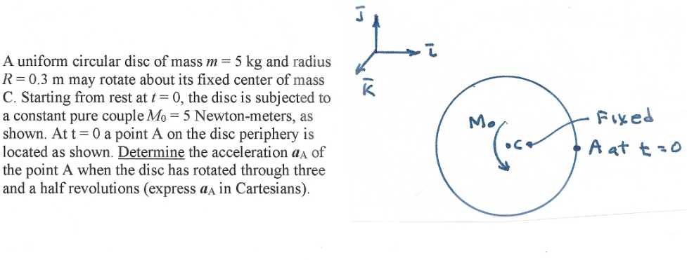 A uniform circular disc of mass m = 5 kg and radius
R=0.3 m may rotate about its fixed center of mass
C. Starting from rest at t = 0, the disc is subjected to
a constant pure couple Mo = 5 Newton-meters, as
shown. At t= 0 a point A on the disc periphery is
located as shown. Determine the acceleration aa of
the point A when the disc has rotated through three
and a half revolutions (express aa in Cartesians).
M.
Fixed
A at t =0
