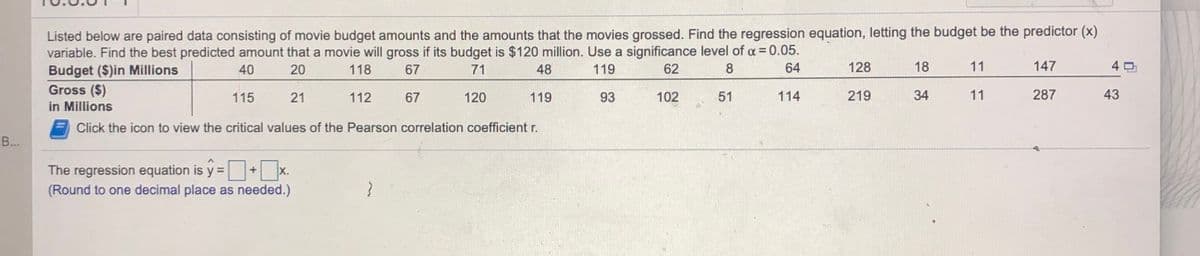 Listed below are paired data consisting of movie budget amounts and the amounts that the movies grossed. Find the regression equation, letting the budget be the predictor (x)
variable. Find the best predicted amount that a movie will gross if its budget is $120 million. Use a significance level of a = 0.05.
Budget ($)in Millions
Gross ($)
in Millions
40
20
118
67
71
48
119
62
8.
64
128
18
11
147
4 O
115
21
112
67
120
119
93
102
51
114
219
34
11
287
43
Click the icon to view the critical values of the Pearson correlation coefficient r.
В...
The regression equation is y =+x.
(Round to one decimal place as needed.)
