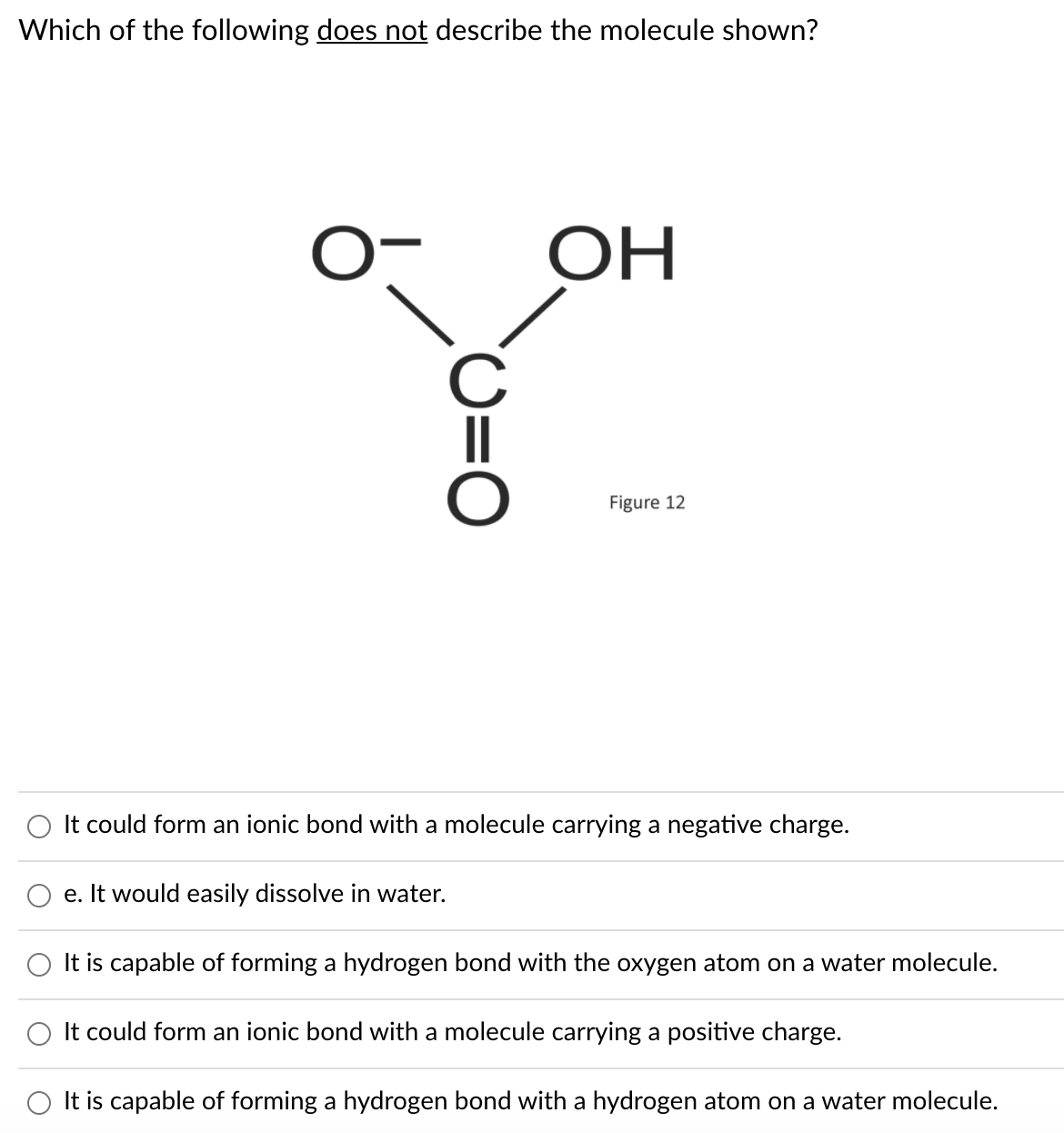 Which of the following does not describe the molecule shown?
OH
C
Figure 12
O It could form an ionic bond with a molecule carrying a negative charge.
e. It would easily dissolve in water.
It is capable of forming a hydrogen bond with the oxygen atom on a water molecule.
It could form an ionic bond with a molecule carrying a positive charge.
O It is capable of forming a hydrogen bond with a hydrogen atom on a water molecule.
