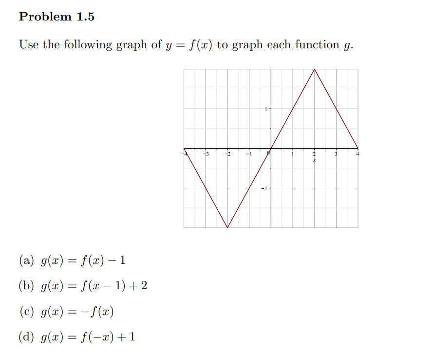 Problem 1.5
Use the following graph of y = f(x) to graph each function g.
(a) g(x) = f(x) – 1
(b) g(x) = f(x − 1) + 2
(c) g(x) = -f(x)
(d) g(x) = f(-x)+1
M
-2
-m
7
4