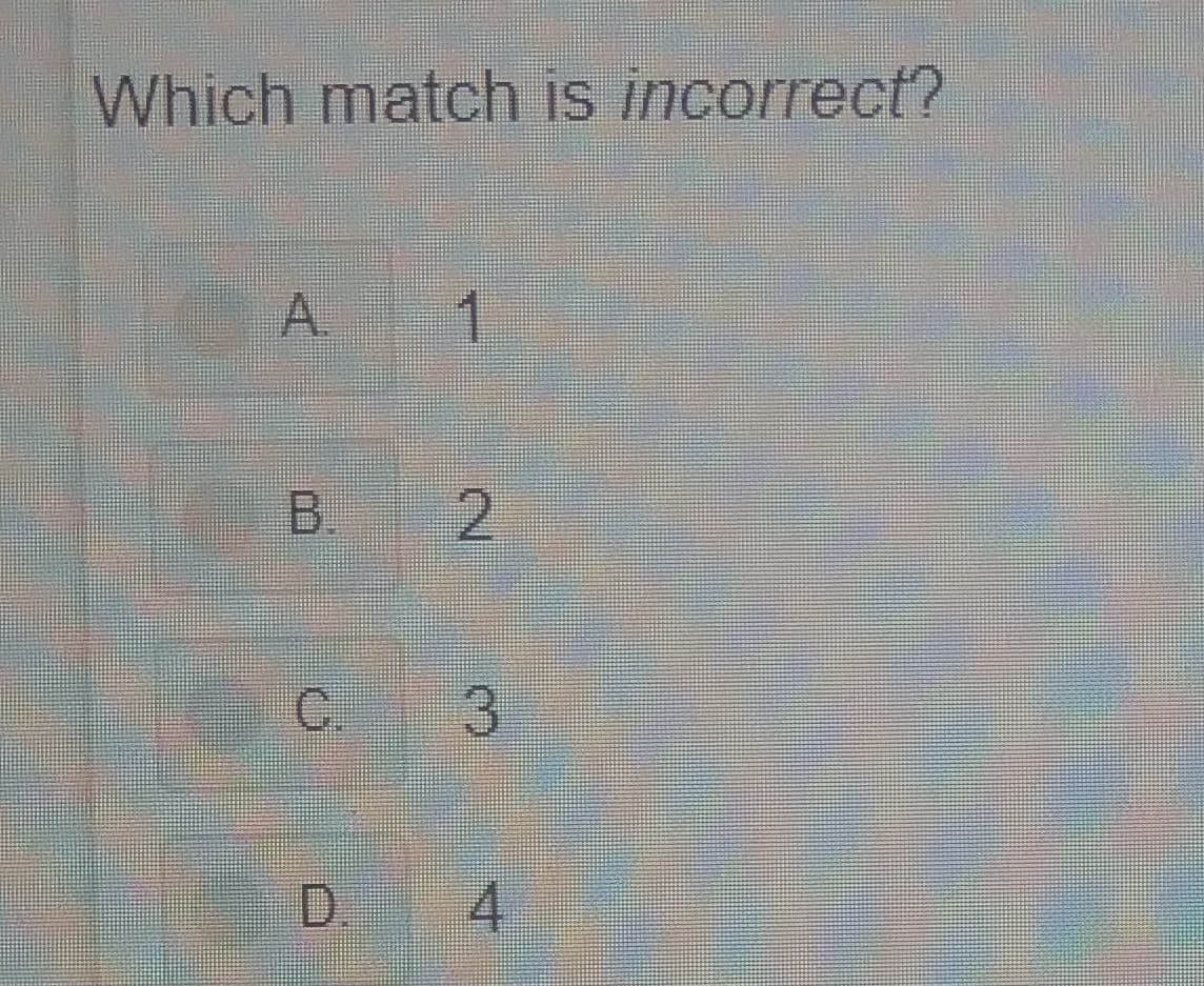 Which match is incorrect?
A.
1
B.
C.
3.
D.
4.

