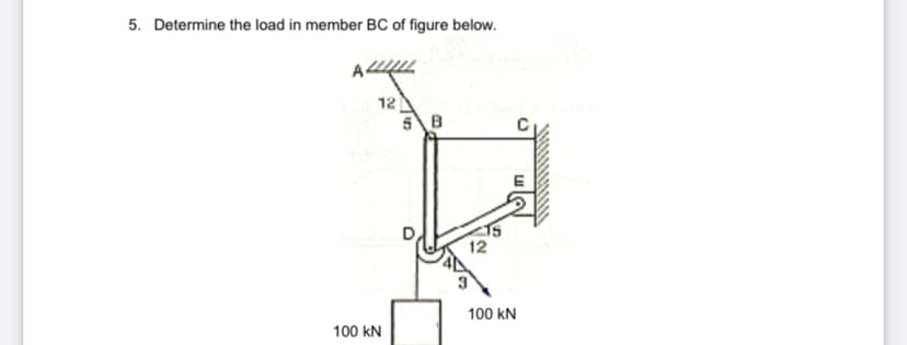 5. Determine the load in member BC of figure below.
A4
12
12
100 kN
100 kN
