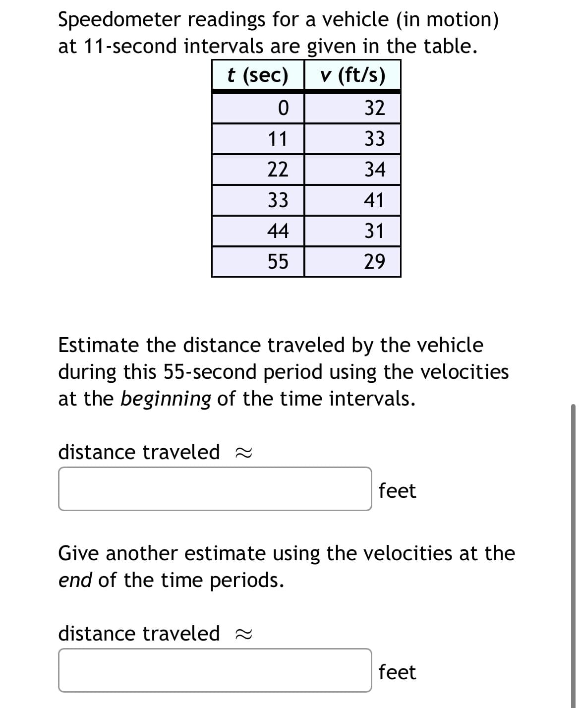 Speedometer readings for a vehicle (in motion)
at 11-second intervals are given in the table.
t (sec)
v (ft/s)
32
11
33
22
34
33
41
44
31
55
29
Estimate the distance traveled by the vehicle
during this 55-second period using the velocities
at the beginning of the time intervals.
distance traveled a
feet
Give another estimate using the velocities at the
end of the time periods.
distance traveled a
feet
