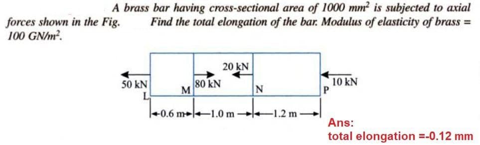 A brass bar having cross-sectional area of 1000 mm? is subjected to axial
Find the total elongation of the bar. Modulus of elasticity of brass =
forces shown in the Fig.
100 GN/m?.
20 kN
80 kN
M
10 kN
50 kN
0.6 m 1.0 m 1.2 m
Ans:
total elongation =-0.12 mm
