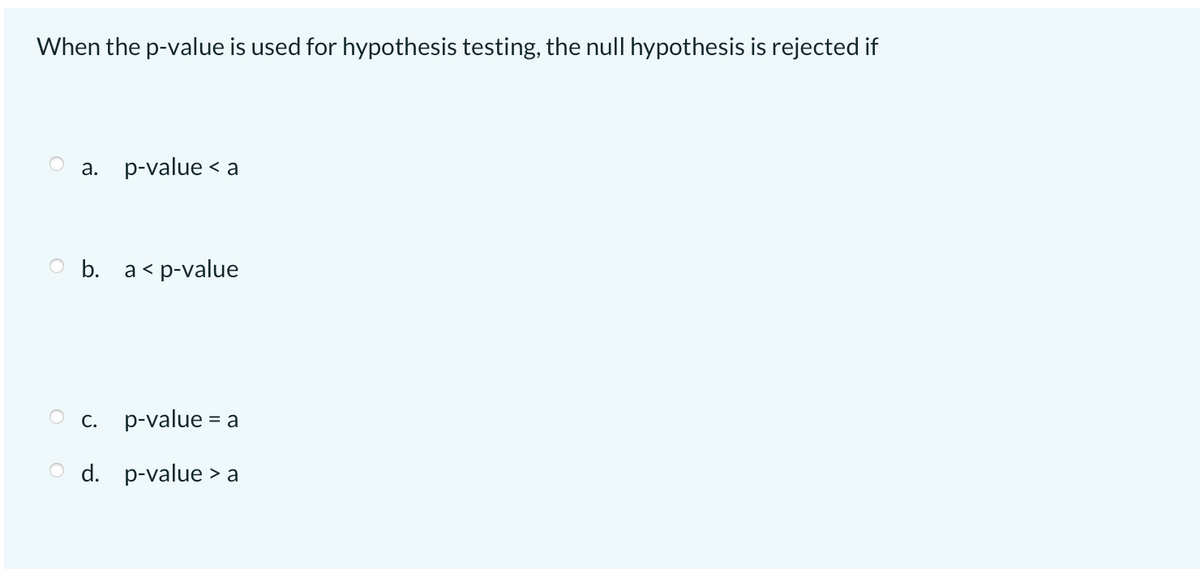 When the p-value is used for hypothesis testing, the null hypothesis is rejected if
p-value < a
a.
оь. а<р-value
о с. р-value%3Dа
O d. p-value > a
