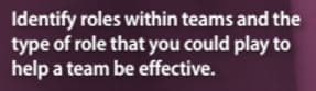 Identify roles within teams and the
type of role that you could play to
help a team be effective.
