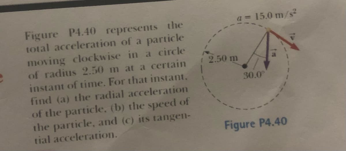 15.0 m/s2
Figure P4.40 represents the
total acceleration of a particle
moving clockwise in a circle
of radius 2.50 m at a certain
instant of time. For that instant.
2.50 m
30.0
find (a) the radial acceleration
of the particle, (b) the speed of
the particle, and (C) its tangen-
tial acceleration.
Figure P4.40
