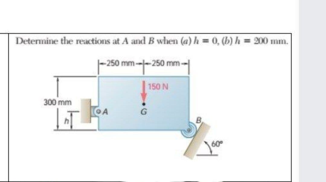 Determine the reactions at A and B when (a) h = 0, (b) h = 200 mm.
-250 mm--250 mm-
150 N
300 mm
G
60°
