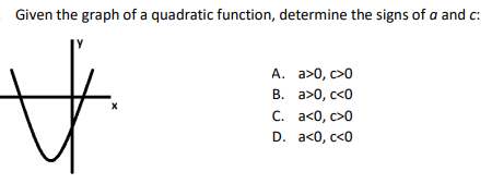 Given the graph of a quadratic function, determine the signs of a and c:
А. а>0, с>0
В. а>0, с<0
С. а<0, с>0
D. a<0, c<0

