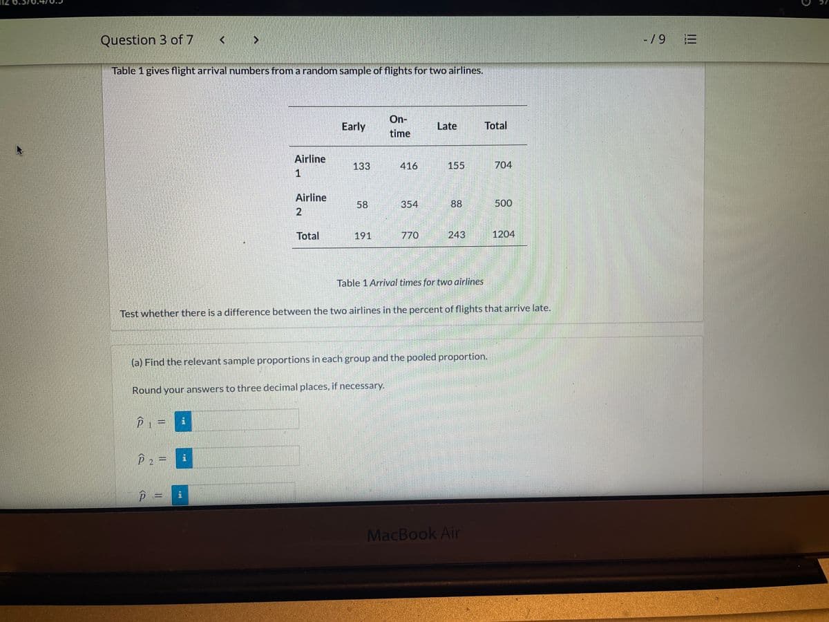 Question 3 of 7
-/9
Table 1 gives flight arrival numbers from a random sample of flights for two airlines.
On-
Early
Late
Total
time
Airline
133
416
155
704
Airline
58
354
88
500
Total
191
770
243
1204
Table 1 Arrival times for two airlines
Test whether there is a difference between the two airlines in the percent of flights that arrive late.
(a) Find the relevant sample proportions in each group and the pooled proportion.
Round your answers to three decimal places, if necessary.
P 2= i
MacBook Air
