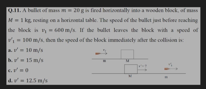 Q.11. A bullet of mass m = 20 g is fired horizontally into a wooden block, of mass
M = 1 kg, resting on a horizontal table. The speed of the bullet just before reaching
the block is vị
= 600 m/s. If the bullet leaves the block with a speed of
v'1
100 m/s, then the speed of the block immediately after the collision is:
%3D
a. v' = 10 m/s
b. v' = 15 m/s
m
M
c. v' = 0
M
d. v' = 12.5 m/s
