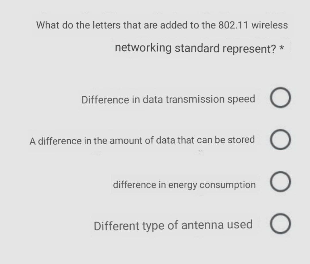 What do the letters that are added to the 802.11 wireless
networking standard represent? *
Difference in data transmission speed
A difference in the amount of data that can be stored
difference in energy consumption O
Different type of antenna used O
