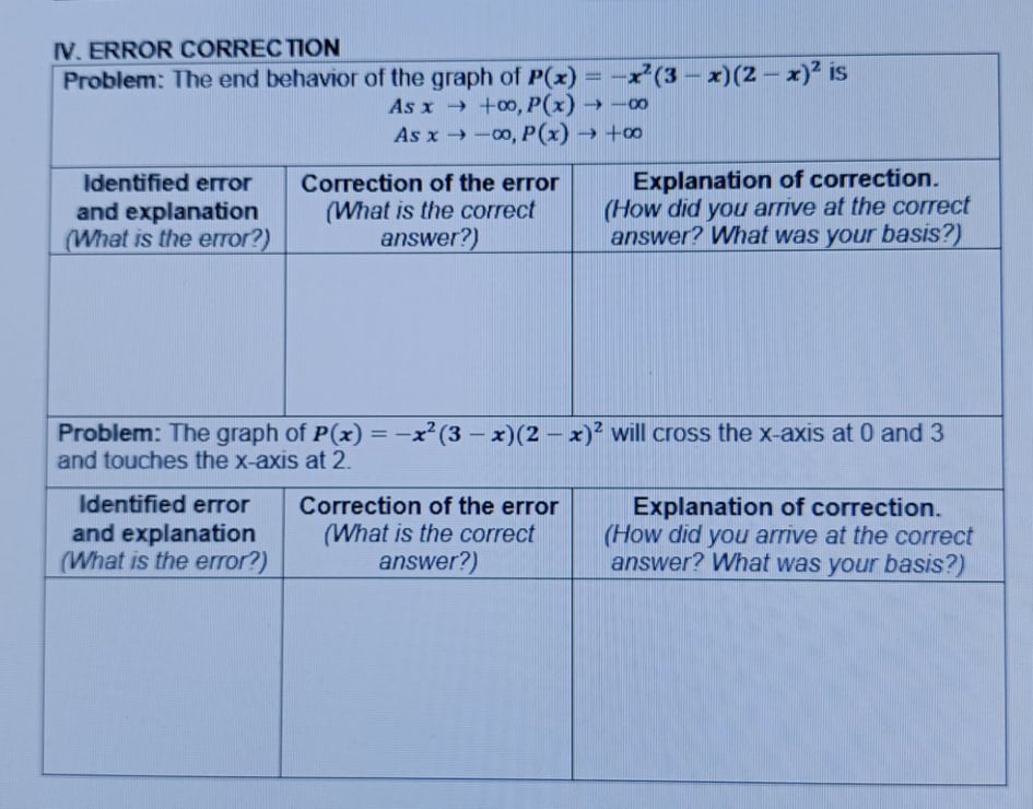 IV. ERROR CORREC TION
x²(3-x)(2- x)2 is
Problem: The end behavior of the graph of P(x)
As x +00, P(x)
As x-0o, P(x) → +∞
%3D
→ -00
Explanation of correction.
(How did you arrive at the correct
answer? What was your basis?)
Identified error
and explanation
(What is the eror?)
Correction of the error
(What is the correct
answer?)
Problem: The graph of P(x) = -x²(3 – x)(2 - x)² will cross the x-axis at 0 and 3
and touches the x-axis at 2.
Identified error
and explanation
(What is the error?)
Correction of the error
(What is the correct
answer?)
Explanation of correction.
(How did you arrive at the correct
answer? What was your basis?)
