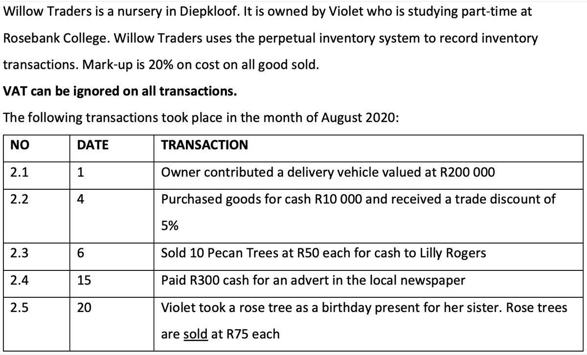 Willow Traders is a nursery in Diepkloof. It is owned by Violet who is studying part-time at
Rosebank College. Willow Traders uses the perpetual inventory system to record inventory
transactions. Mark-up is 20% on cost on all good sold.
VAT can be ignored on all transactions.
The following transactions took place in the month of August 2020:
NO
DATE
TRANSACTION
2.1
1
Owner contributed a delivery vehicle valued at R200 000
2.2
Purchased goods for cash R10 000 and received a trade discount of
5%
2.3
Sold 10 Pecan Trees at R50 each for cash to Lilly Rogers
2.4
15
Paid R300 cash for an advert in the local newspaper
2.5
20
Violet took a rose tree as a birthday present for her sister. Rose trees
are sold at R75 each
