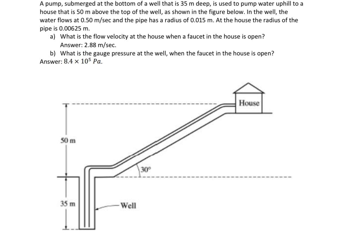 A pump, submerged at the bottom of a well that is 35 m deep, is used to pump water uphill to a
house that is 50 m above the top of the well, as shown in the figure below. In the well, the
water flows at 0.50 m/sec and the pipe has a radius of 0.015 m. At the house the radius of the
pipe is 0.00625 m.
a)
What is the flow velocity at the house when a faucet in the house is open?
Answer: 2.88 m/sec.
b) What is the gauge pressure at the well, when the faucet in the house is open?
Answer: 8.4 x 105 Pa.
50 m
35 m
Well
30°
House