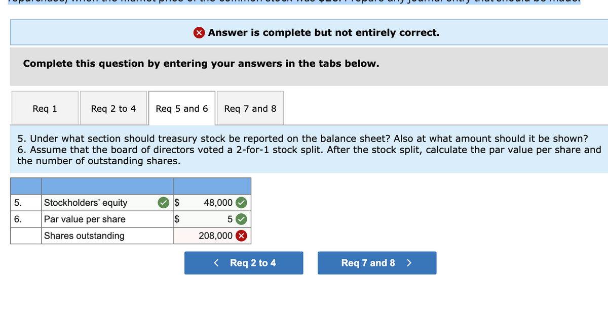 X Answer is complete but not entirely correct.
Complete this question by entering your answers in the tabs below.
Req 1
Req 2 to 4
Req 5 and 6
Req 7 and 8
5. Under what section should treasury stock be reported on the balance sheet? Also at what amount should it be shown?
6. Assume that the board of directors voted a 2-for-1 stock split. After the stock split, calculate the par value per share and
the number of outstanding shares.
5.
Stockholders' equity
$
48,000
6.
Par value per share
2$
5
Shares outstanding
208,000 X
< Req 2 to 4
Req 7 and 8
>
