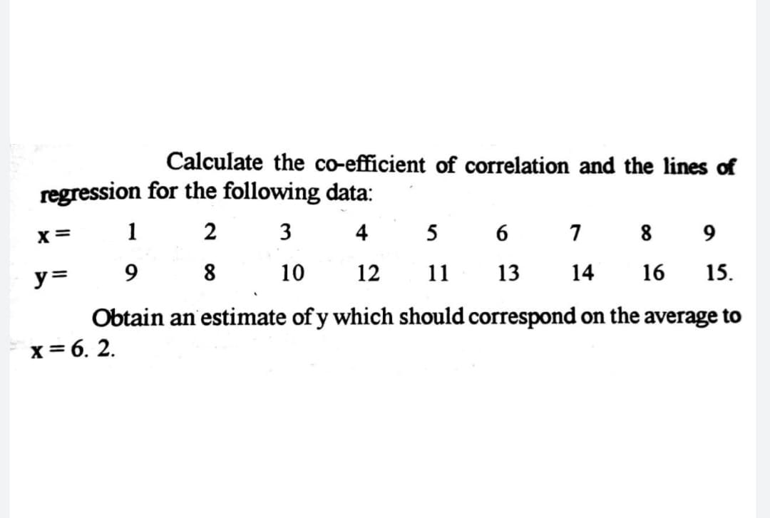 Calculate the co-efficient of correlation and the lines of
regression for the following data:
1
2 3
4
5
7
8 9
X=
y=
8
10
12
11
13
14
16
15.
Obtain an estimate of y which should correspond on the average to
x= 6. 2.
