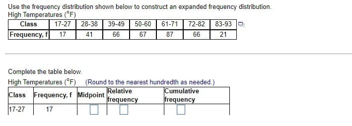 Use the frequency distribution shown below to construct an expanded frequency distribution.
High Temperatures (°F)
50-60 | 61-71
67
Class
17-27
28-38
39-49
72-82
83-93 P
Frequency, f
66
17
41
87
66
21
Complete the table below.
High Temperatures (°F)
(Round to the nearest hundredth as needed.)
Relative
frequency
Cumulative
frequency
Class Frequency, f Midpoint
17-27
17
