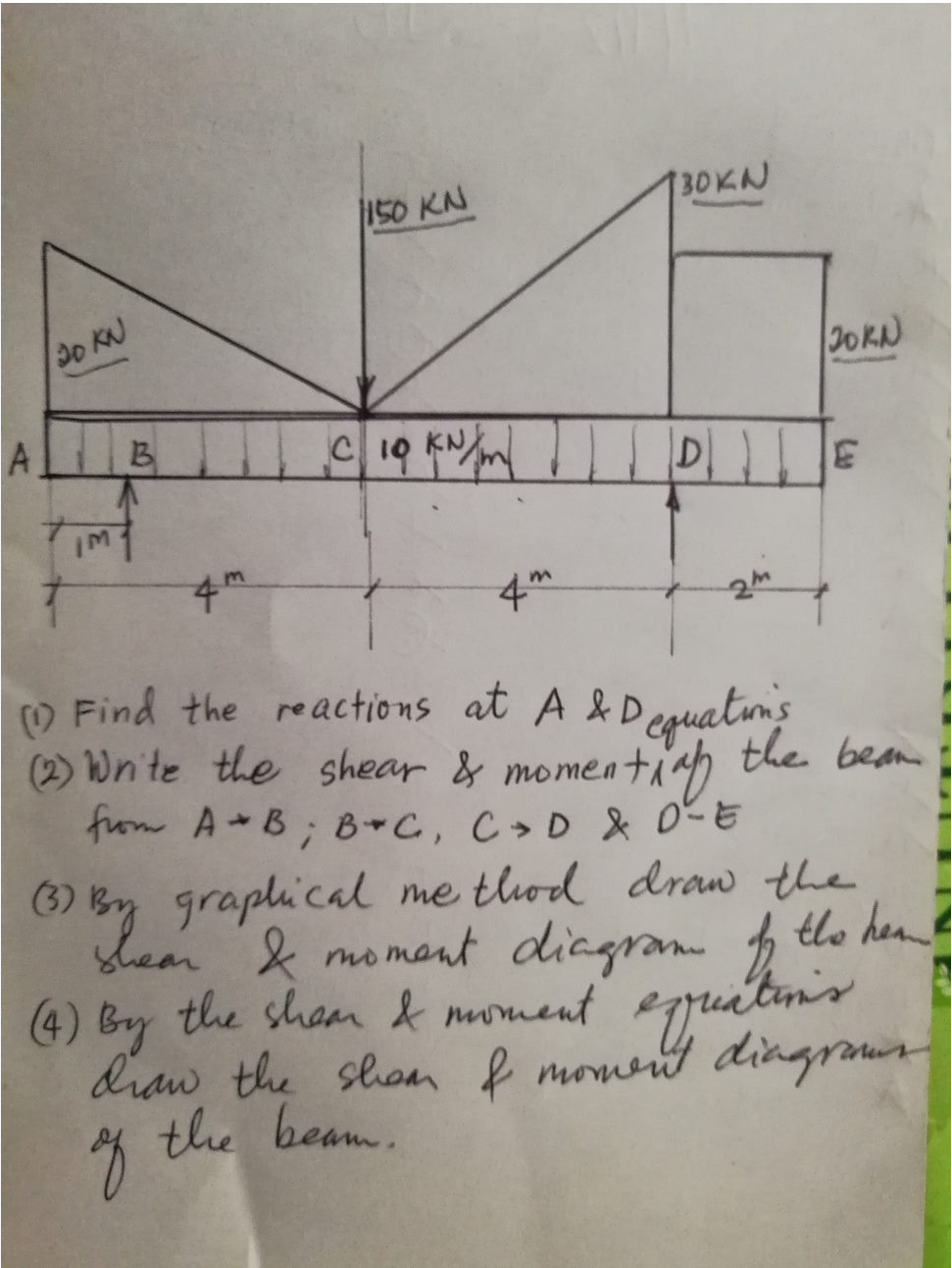 150 KN
30KN
30 KN
JORN
B
C19 KN
D
4h
4h
O Find the reactions at A &Dequatuns
(2) Wnite the shear & momeatiah the bea
fom AB; B C, C D & 0-E
(3) By graplical me tlod draw the
shear & moment diagram f tlo hen
(4) By the sham & moment egruatin
diaw the shan f momet dingraun
the beam.
