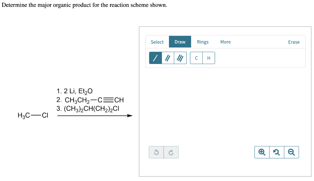 Determine the major organic product for the reaction scheme shown.
H3C-CI
1.2 Li, Et₂O
2. CH3CH₂-C=CH
3. (CH3)2CH(CH2)2CI
Select
Draw
Rings
с
H
More
Erase
Q2 Q