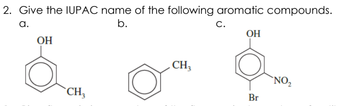 2. Give the IUPAC name of the following aromatic compounds.
C.
b.
а.
ОН
ОН
CH,
`NO,
CH3
Br
