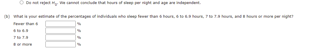 O Do not reject H.. We cannot conclude that hours of sleep per night and age are independent.
(b) What is your estimate of the percentages of individuals who sleep fewer than 6 hours, 6 to 6.9 hours, 7 to 7.9 hours, and 8 hours or more per night?
Fewer than 6
%
6 to 6.9
%
7 to 7.9
%
8 or more
%
