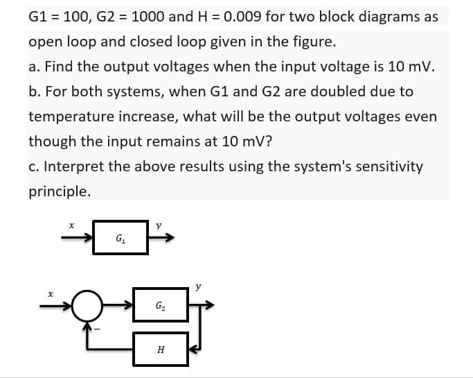 G1 = 100, G2 = 1000 and H = 0.009 for two block diagrams as
open loop and closed loop given in the figure.
a. Find the output voltages when the input voltage is 10 mV.
b. For both systems, when G1 and G2 are doubled due to
temperature increase, what will be the output voltages even
though the input remains at 10 mV?
c. Interpret the above results using the system's sensitivity
principle.
G2
H
