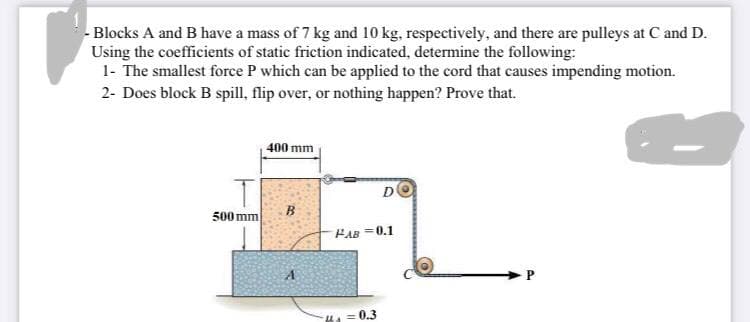 - Blocks A and B have a mass of 7 kg and 10 kg, respectively, and there are pulleys at C and D.
Using the coefficients of static friction indicated, determine the following:
1- The smallest force P which can be applied to the cord that causes impending motion.
2- Does block B spill, flip over, or nothing happen? Prove that.
400 mm
D
B
PAB=0.1
A
P
T
500 mm
a=0.3