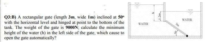Q3:B) A rectangular gate (length 3m, wide 1m) inclined at 50⁰
with the horizontal level and hinged at point to the bottom of the
tank. The weight of the gate is 9000N; calculate the minimum
height of the water (h) in the left side of the gate, which cause to
open the gate automatically?
WATER
1.2m
3m
OS
WATER