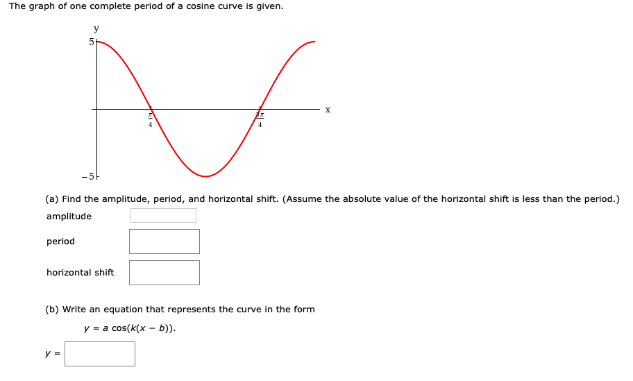 The graph of one complete period of a cosine curve is given.
У
х
л
4
- 5-
(a) Find the amplitude, period, and horizontal shift. (Assume the absolute value of the horizontal shift is less than the period.)
amplitude
period
horizontal shift
(b) Write an equation that represents the curve in the form
y = a cos(k(x – b)).
