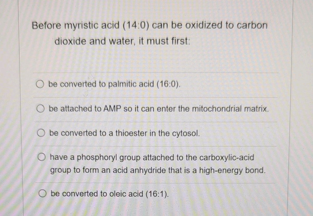 Before myristic acid (14:0) can be oxidized to carbon
dioxide and water, it must first:
O be converted to palmitic acid (16:0).
O be attached to AMP so it can enter the mitochondrial matrix.
O be converted to a thioester in the cytosol.
O have a phosphoryl group attached to the carboxylic-acid
group to form an acid anhydride that is a high-energy bond.
O be converted to oleic acid (16:1).