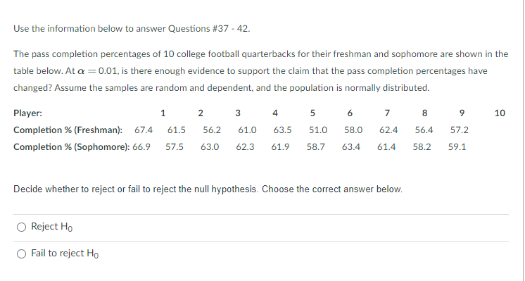 Use the information below to answer Questions #37 - 42.
The pass completion percentages of 10 college football quarterbacks for their freshman and sophomore are shown in the
table below. At a =0.01, is there enough evidence to support the claim that the pass completion percentages have
changed? Assume the samples are random and dependent, and the population is normally distributed.
Player:
1.
3
4
5
6
7
8
9
10
Completion % (Freshman): 67.4
61.5
56.2
61.0
63.5
51.0
58.0
62.4
56.4
57.2
Completion % (Sophomore): 66.9
57.5
63.0
62.3
61.9
58.7
63.4
61.4
58.2
59.1
Decide whether to reject or fail to reject the null hypothesis. Choose the correct answer below.
O Reject Ho
Fail to reject Ho
