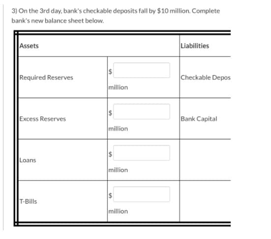 3) On the 3rd day, bank's checkable deposits fall by $10 million. Complete
bank's new balance sheet below.
Assets
Liabilities
Required Reserves
Checkable Depos
million
Excess Reserves
Bank Capital
million
Loans
million
T-Bills
million
