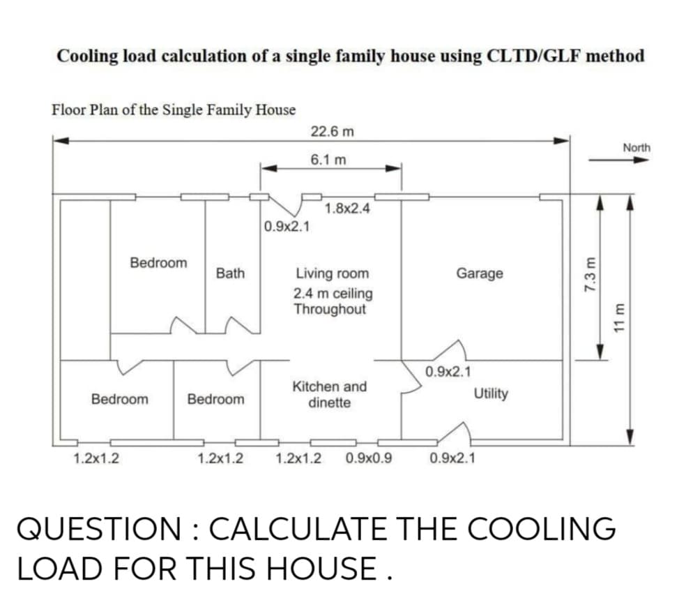 Cooling load calculation of a single family house using CLTD/GLF method
Floor Plan of the Single Family House
22.6 m
North
6.1 m
1.8x2.4
0.9x2.1
Bedroom
Bath
Garage
Living room
2.4 m ceiling
Throughout
0.9x2.1
Kitchen and
dinette
Bedroom
Bedroom
Utility
1.2x1.2
1.2x1.2
1.2x1.2
0.9x0.9
0.9x2.1
QUESTION : CALCULATE THE COOLING
LOAD FOR THIS HOUSE .
7.3 m
11 m

