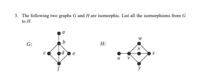 3. The following two graphs G and H are isomorphic. List all the isomorphisms from G
to H.
b
H:
G:
u v
y
