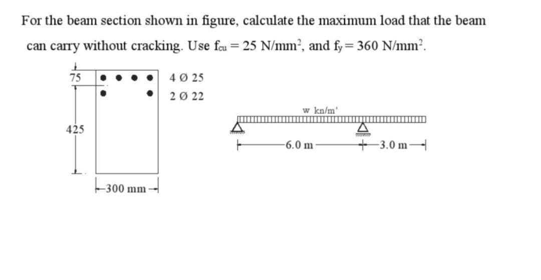 For the beam section shown in figure, calculate the maximum load that the beam
can carry without cracking. Use fcu = 25 N/mm², and fy= 360 N/mm².
I
75
425
-300 mm
mm →
40 25
2022
w kn/m'
-6.0 m
nesum
3.0 m-